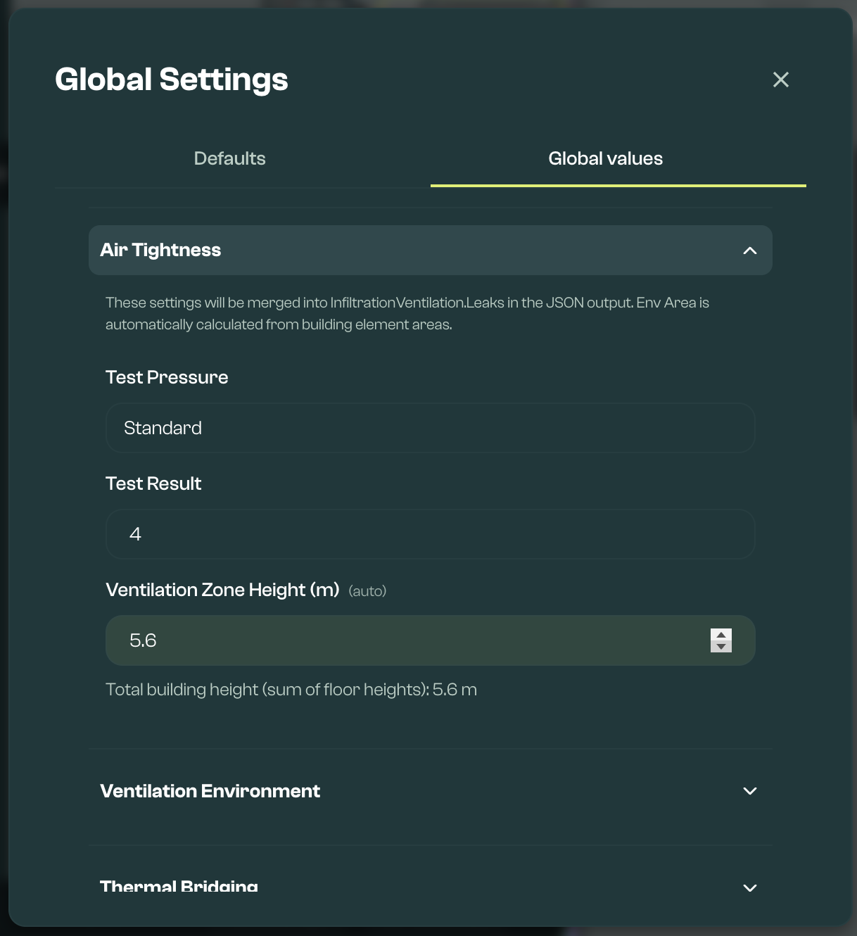 Global Settings - dwelling values