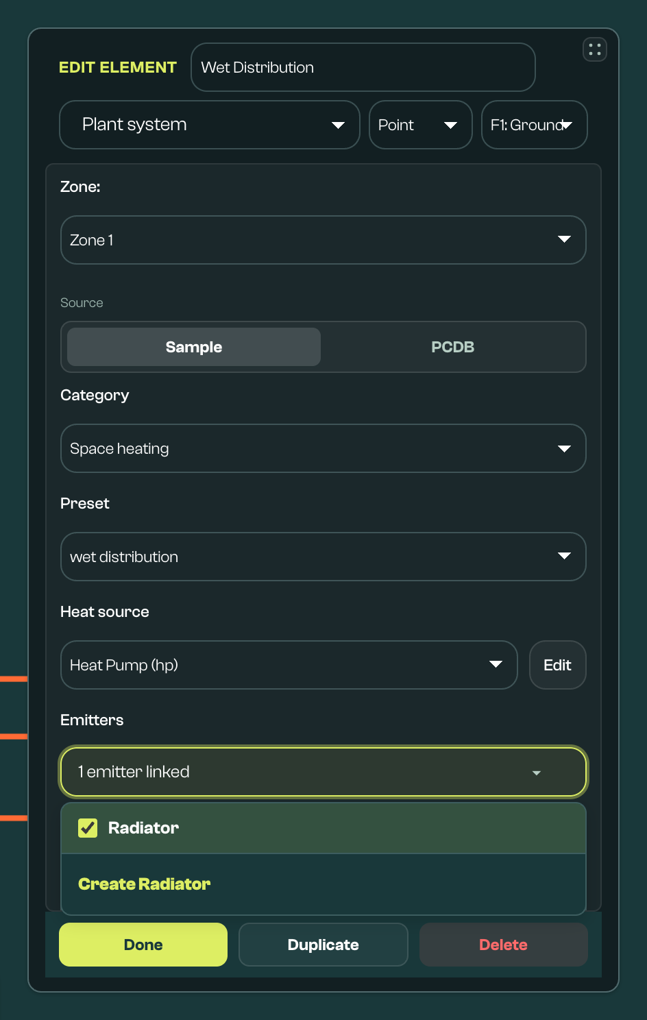 Space heating system with its heat source and emitters