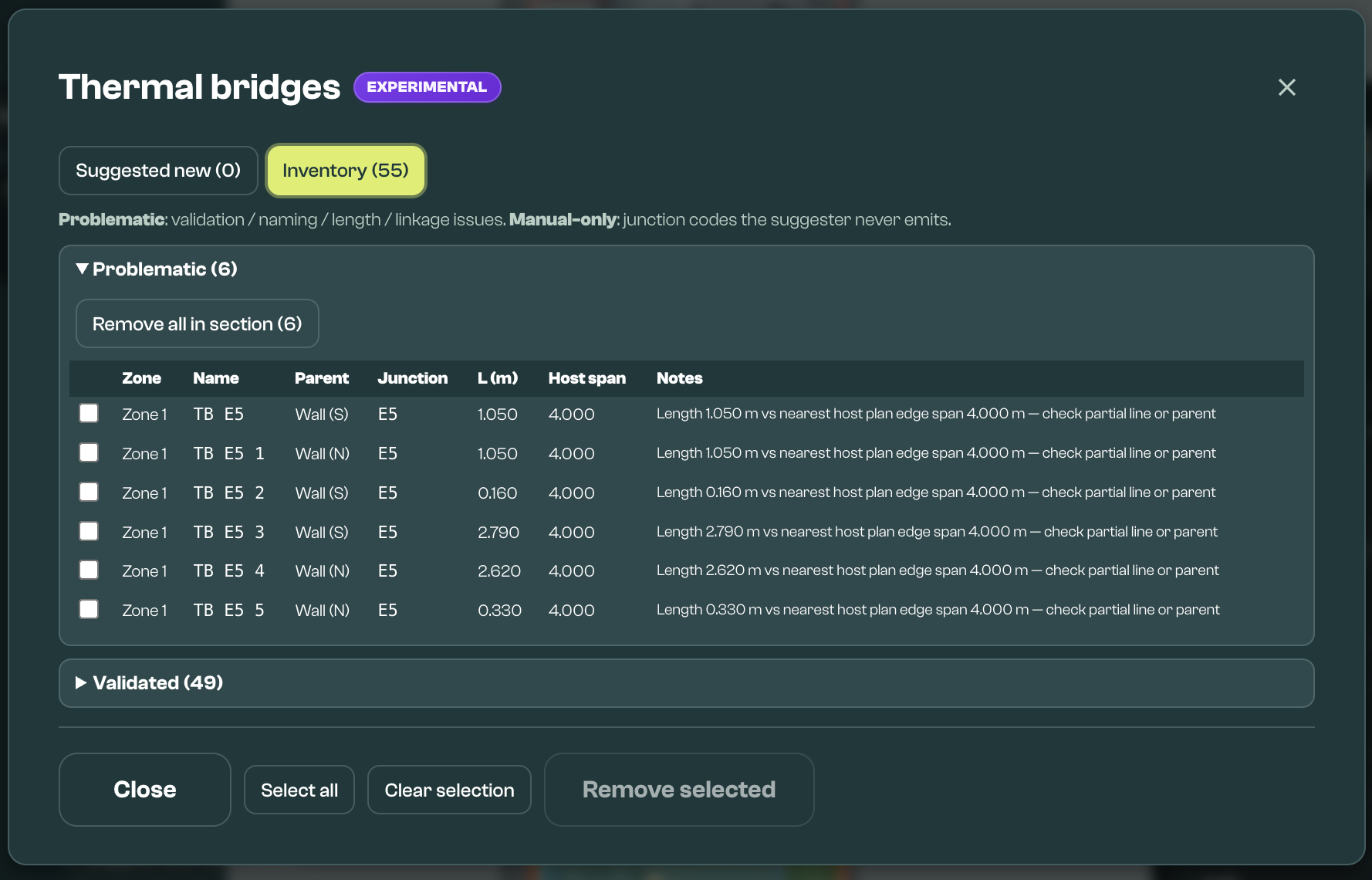 Thermal bridge inventory and validation view