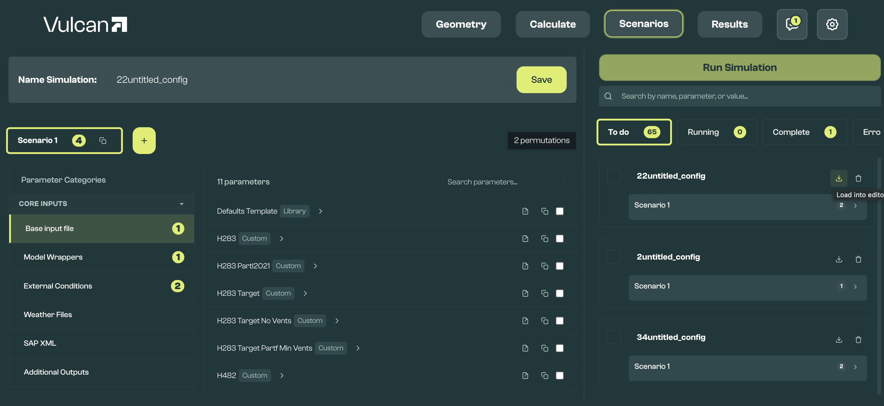 Scenarios screen