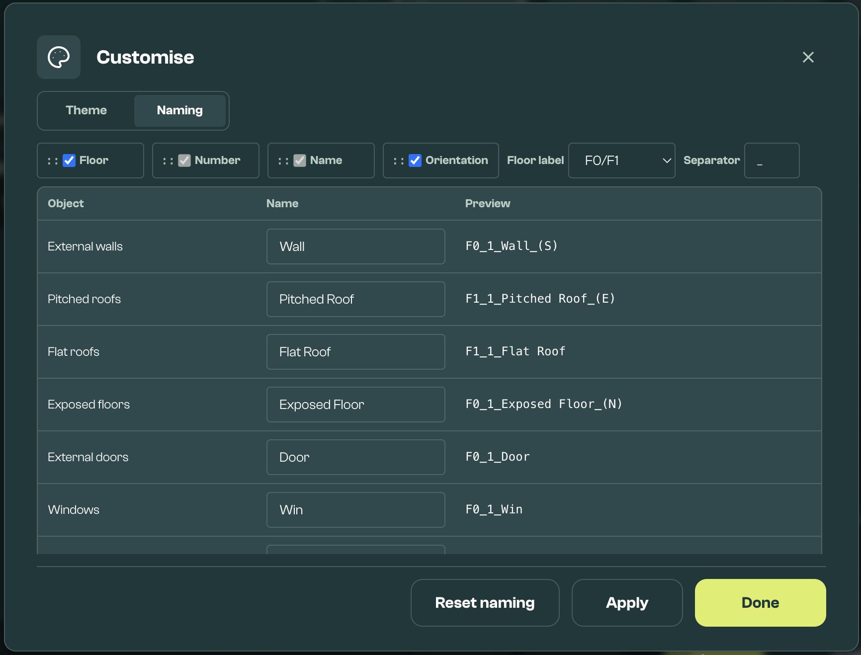 Customise naming settings